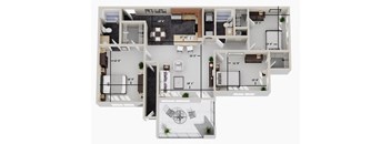 A floor plan of an apartment with a kitchen, living room, and bathroom.