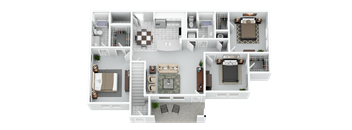 A 3D floor plan of a house with a living room, kitchen, dining room, and bedrooms.
