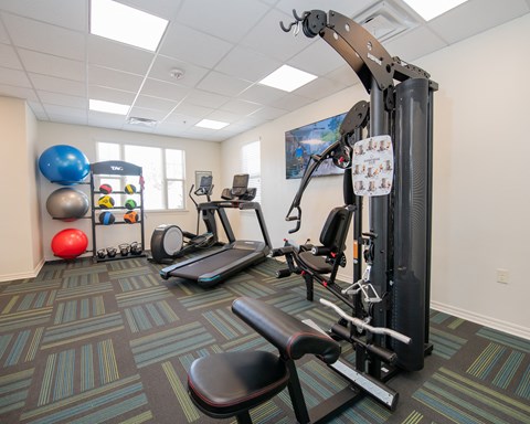 A gym with a treadmill, exercise ball, and other equipment.