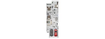 A top down view of a small apartment with a kitchen, living room, and two bedrooms.