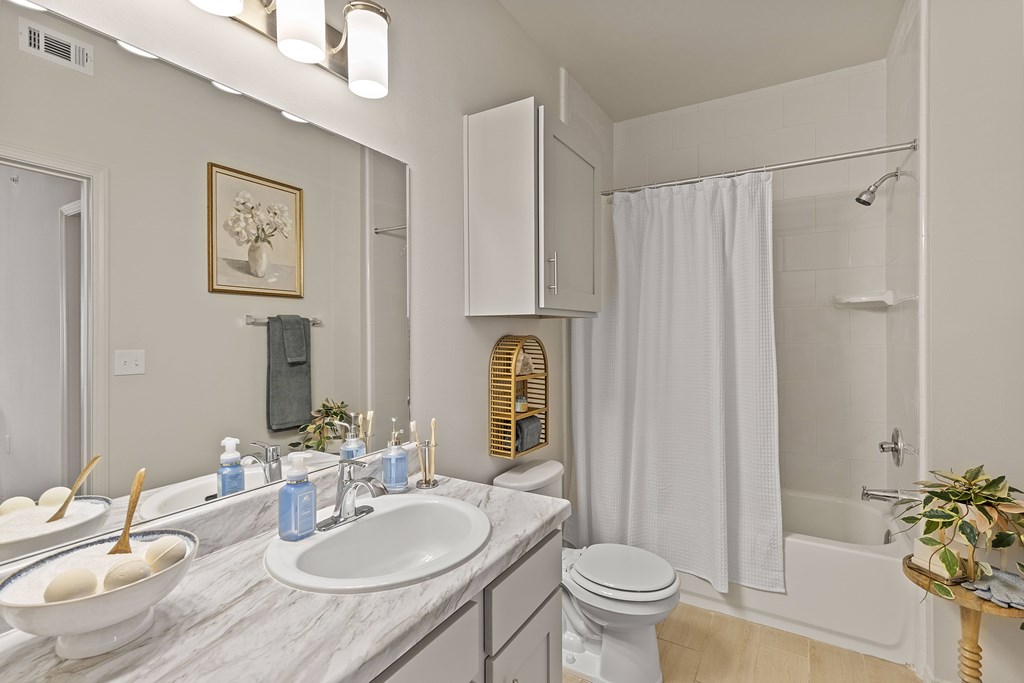 A bathroom with a white toilet, sink, and shower.