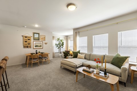 A living room with a grey couch, a wooden coffee table, and a dining table with chairs.