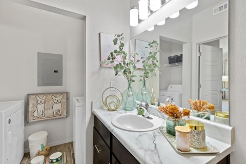 A bathroom with a white sink and a mirror.