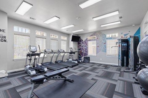 A gym with a row of treadmills and elliptical machines.