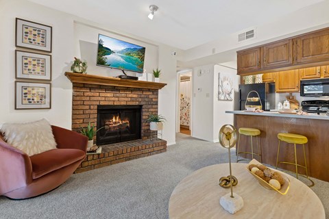 A living room with a fireplace and a television on the wall.