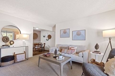 A living room with a grey couch, a coffee table, and a large mirror.