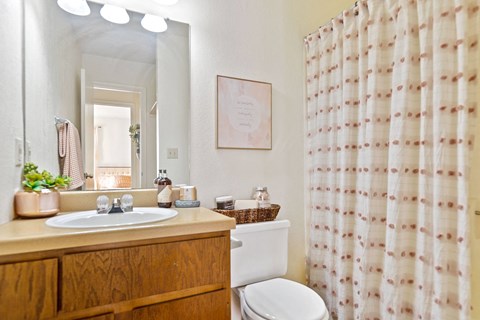 A bathroom with a wooden vanity and a shower curtain.