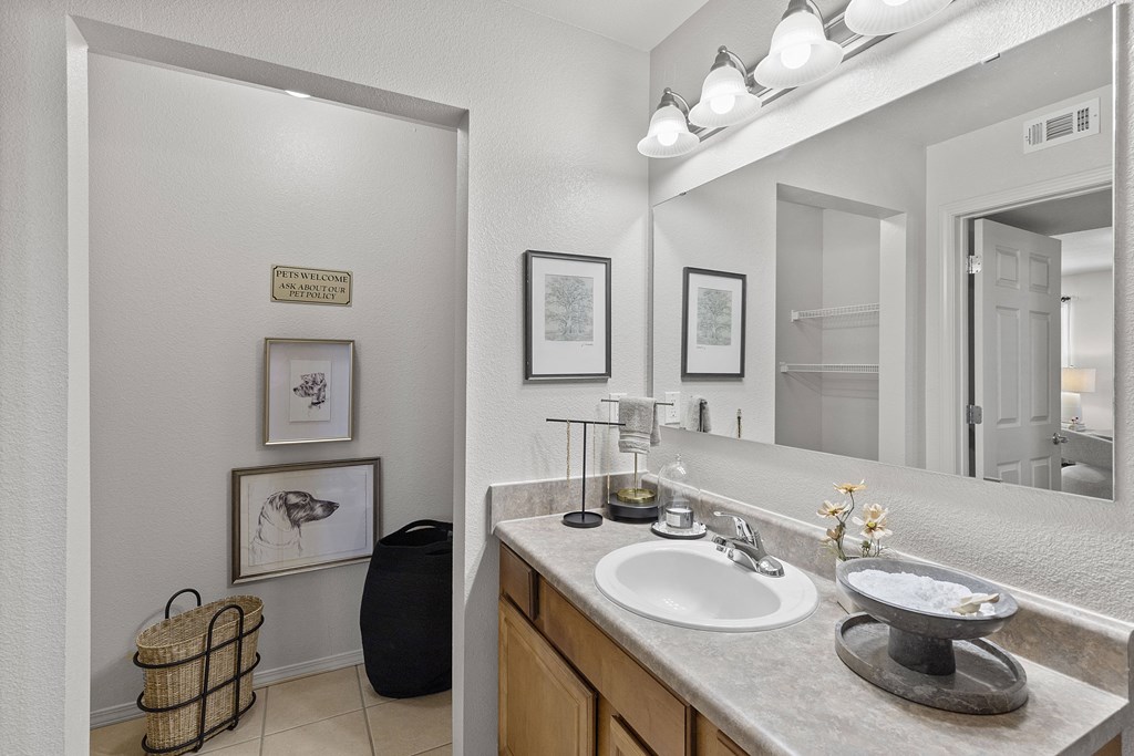 A bathroom with a sink, mirror, and two framed pictures on the wall.