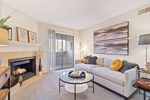 A living room with a grey couch and a fireplace.