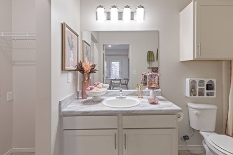A bathroom with a sink, mirror, and toiletries.