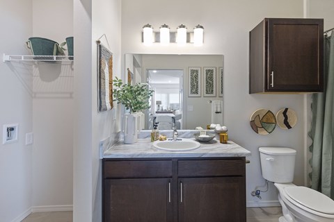 A bathroom with a white toilet and a sink with a mirror above it.