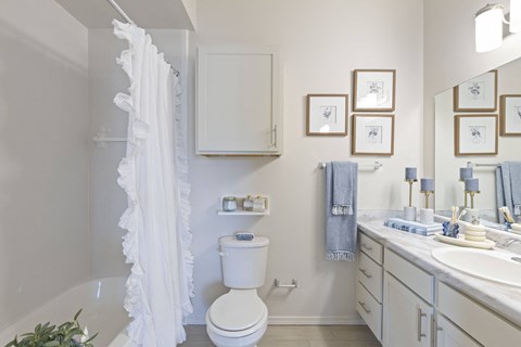 A white bathroom with a toilet, sink, and shower.