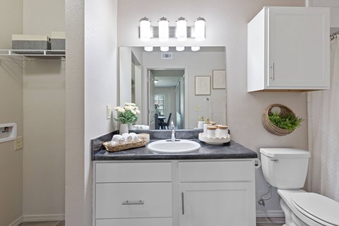 A bathroom with a sink, mirror, and toilet.
