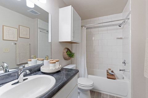 A white bathroom with a black counter top and a white toilet.