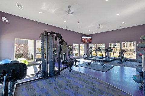 A gym with purple walls and a variety of exercise equipment.