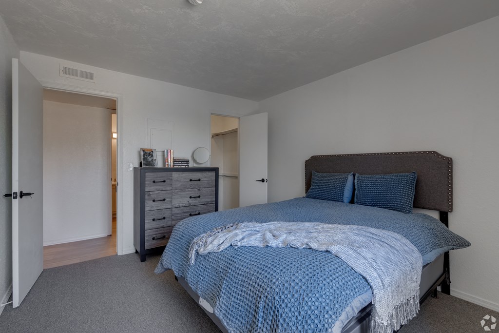 a bedroom with a large bed and a dresser