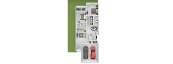 A top-down view of a house layout with two cars parked in the garage.