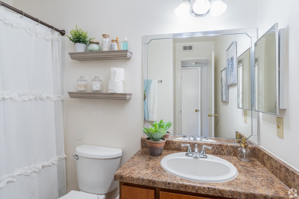 A bathroom with a toilet, sink, and mirror.
