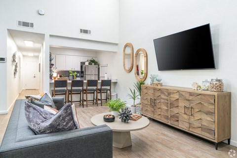 A modern living room with a grey sofa, a wooden cabinet, and a black TV mounted on the wall.