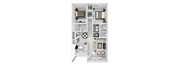 A 3D floor plan of a small apartment with a kitchen, living room, and bathroom.