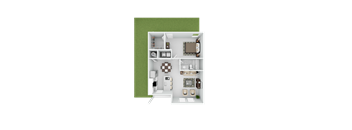 A floor plan of a house with a kitchen, living room, and two bedrooms.