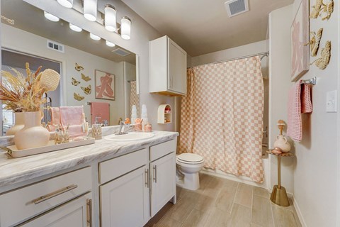 a bathroom with a shower and a sink and a toilet