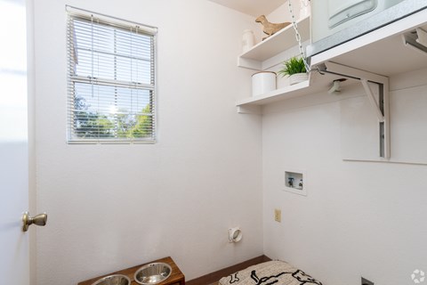 A small room with a window, a door, and a dog bowl on the floor.