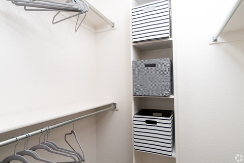 Closet with hangers and storage boxes.