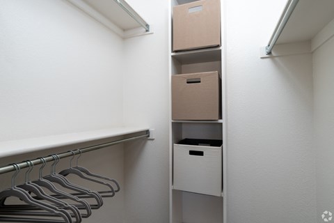 Closet with hangers and boxes on shelves.