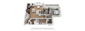 a stylized floor plan with a bedroom and a living room