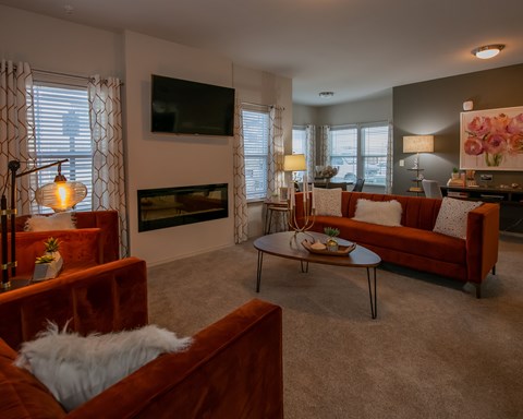 A living room with a fireplace and a television.