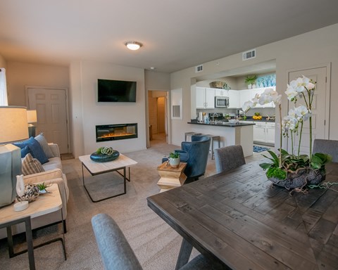 A modern living room with a fireplace and a dining table.