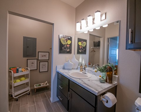 A bathroom with a sink, mirror, and a cabinet.