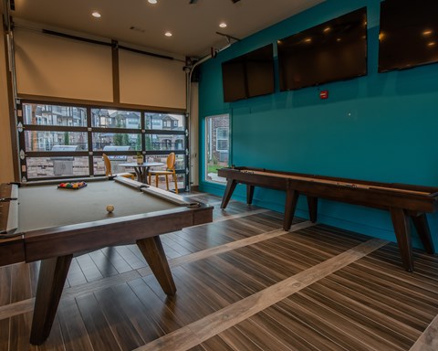 A pool table in a room with a blue wall.