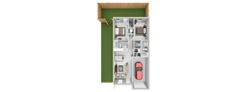 A 3D floor plan of a small apartment with a kitchen, living room, and bathroom.