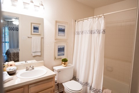A white bathroom with a toilet, sink, and shower.