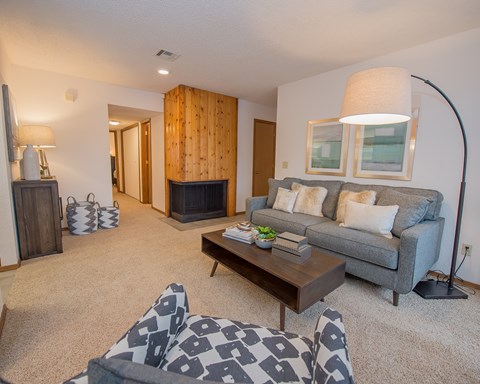 A living room with a grey couch and a wooden coffee table.