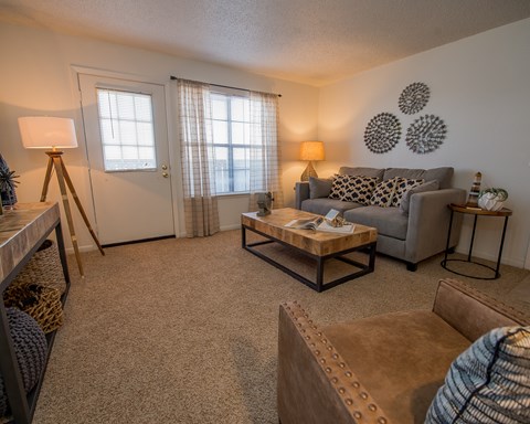 A living room with a brown couch, a wooden coffee table, and a grey sofa.