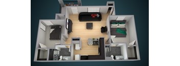 A 3D rendered image of a modern apartment layout.