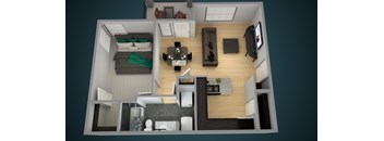 A top-down view of a small apartment with a kitchen, living room, and bedroom.
