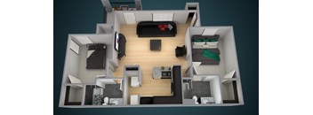 A top-down view of a small, modern apartment with a living area, kitchen, and bedroom.