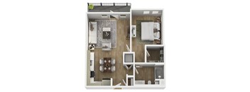 A modern 3d floor plan of a 1 bedroom 1 bathroom apartment with furnitures at unit 203, 739 South Ogden Drive.