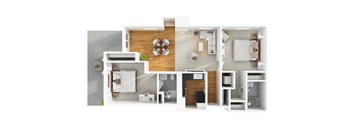 A modern 3D floor plan of a 2 bedroom 2 bath apartment with furnitures.