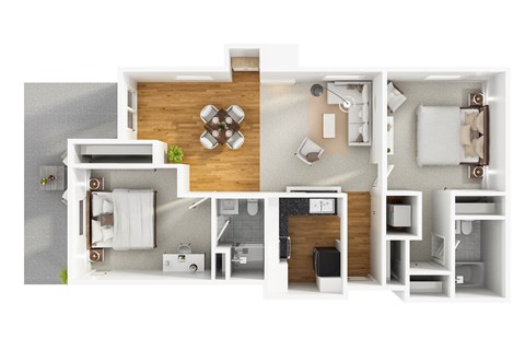 A modern 3D floor plan of a 2 bedroom 2 bath apartment with furnitures.