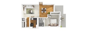 Modern 3D floor plan for a 1 bedroom 1 bathroom apartment with furnitures.