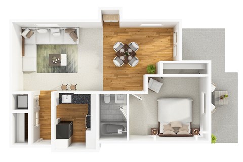 Modern 3D floor plan for a 1 bedroom 1 bathroom apartment with furnitures.