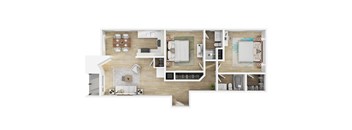 A modern 3d floor plan of a 2 bedroom 2 bathroom apartment with furnitures at 10910 Wellworth, Los Angeles, CA.