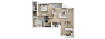 A modern 3d floor plan of a 2 bedroom 2 bathroom apartment with furnitures at 10910 Wellworth, Los Angeles, CA.