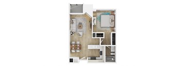 A modern 3d floor plan of a 1 bedroom 1 bathroom apartment with furnitures at 10910 Wellworth, Los Angeles, CA.