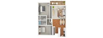 Modern 3D floor plan of a 2 bedroom 2 bath apartment with furnitures at 1245 Smithwood, Los Angeles, CA